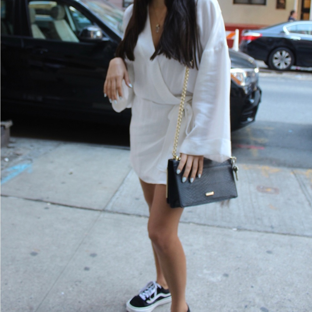 Revolve white linen mini wrap are pins dress